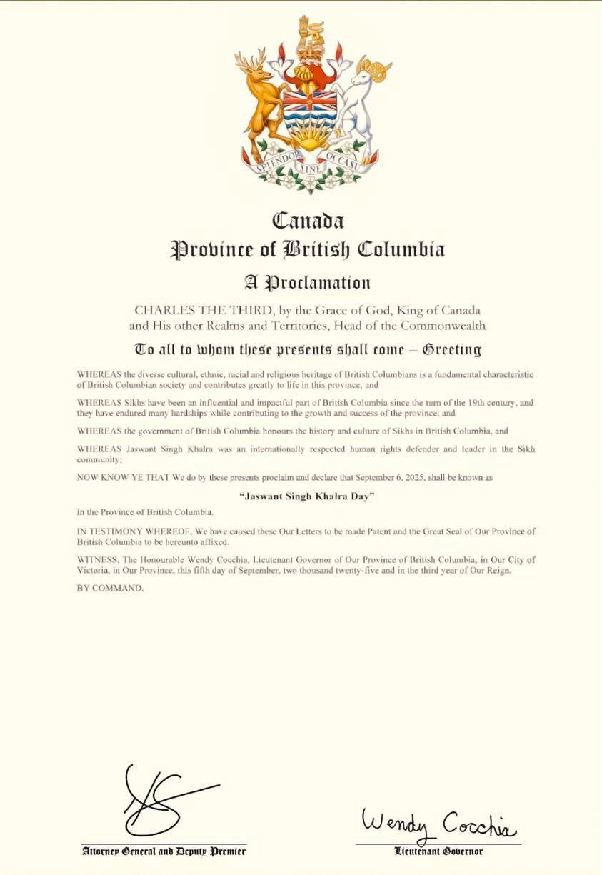 British Columbia Declares September 6th as "Jaswant Singh Khalra Day" on 30th Anniversary of His Disappearance
